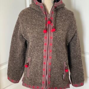 Laundromat Wool Sweater Jacket Medium Full Zip Fleece Lined Nepal Brown Red Warm